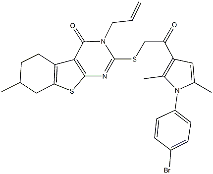 3-allyl-2-({2-[1-(4-bromophenyl)-2,5-dimethyl-1H-pyrrol-3-yl]-2-oxoethyl}sulfanyl)-7-methyl-5,6,7,8-tetrahydro[1]benzothieno[2,3-d]pyrimidin-4(3H)-one 구조식 이미지