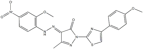 1-[4-(4-methoxyphenyl)-1,3-thiazol-2-yl]-3-methyl-1H-pyrazole-4,5-dione 4-({4-nitro-2-methoxyphenyl}hydrazone) Structure