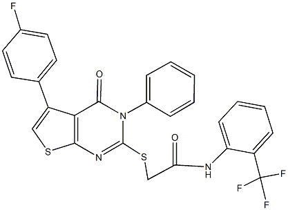 2-{[5-(4-fluorophenyl)-4-oxo-3-phenyl-3,4-dihydrothieno[2,3-d]pyrimidin-2-yl]sulfanyl}-N-[2-(trifluoromethyl)phenyl]acetamide 구조식 이미지