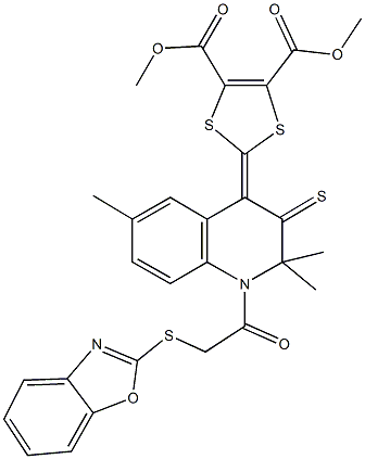 dimethyl 2-(1-[(1,3-benzoxazol-2-ylsulfanyl)acetyl]-2,2,6-trimethyl-3-thioxo-2,3-dihydro-4(1H)-quinolinylidene)-1,3-dithiole-4,5-dicarboxylate 구조식 이미지