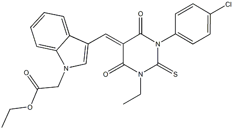 ethyl {3-[(1-(4-chlorophenyl)-3-ethyl-4,6-dioxo-2-thioxotetrahydropyrimidin-5(2H)-ylidene)methyl]-1H-indol-1-yl}acetate 구조식 이미지