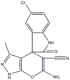 6-amino-5-cyano-5'-chloro-3-methyl-1,1',3',4-tetrahydro-2'-oxospiro(pyrano[2,3-c]pyrazole-4,3'-[2'H]-indole) 구조식 이미지