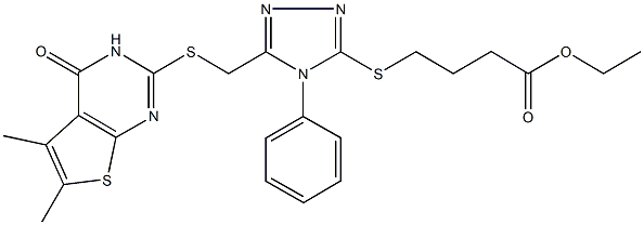 ethyl 4-[(5-{[(5,6-dimethyl-4-oxo-3,4-dihydrothieno[2,3-d]pyrimidin-2-yl)sulfanyl]methyl}-4-phenyl-4H-1,2,4-triazol-3-yl)sulfanyl]butanoate 구조식 이미지