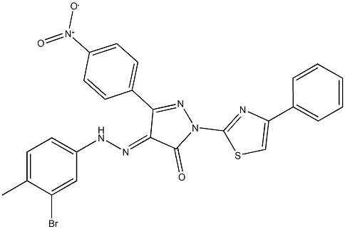 3-{4-nitrophenyl}-1-(4-phenyl-1,3-thiazol-2-yl)-1H-pyrazole-4,5-dione 4-[(3-bromo-4-methylphenyl)hydrazone] 구조식 이미지