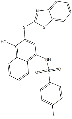 N-[3-(1,3-benzothiazol-2-ylsulfanyl)-4-hydroxy-1-naphthyl]-4-fluorobenzenesulfonamide 구조식 이미지