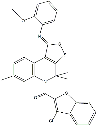 N-{5-[(3-chloro-1-benzothien-2-yl)carbonyl]-4,4,7-trimethyl-4,5-dihydro-1H-[1,2]dithiolo[3,4-c]quinolin-1-ylidene}-N-(2-methoxyphenyl)amine 구조식 이미지