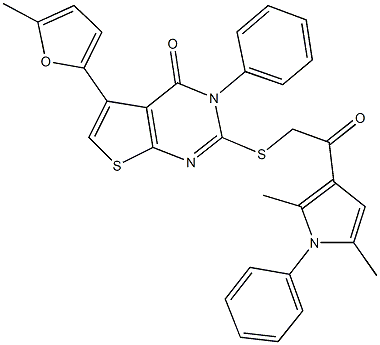 2-{[2-(2,5-dimethyl-1-phenyl-1H-pyrrol-3-yl)-2-oxoethyl]sulfanyl}-5-(5-methyl-2-furyl)-3-phenylthieno[2,3-d]pyrimidin-4(3H)-one 구조식 이미지