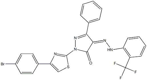 1-[4-(4-bromophenyl)-1,3-thiazol-2-yl]-3-phenyl-1H-pyrazole-4,5-dione 4-{[2-(trifluoromethyl)phenyl]hydrazone} 구조식 이미지
