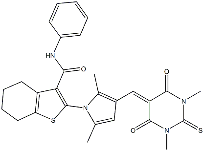 2-{3-[(1,3-dimethyl-4,6-dioxo-2-thioxotetrahydro-5(2H)-pyrimidinylidene)methyl]-2,5-dimethyl-1H-pyrrol-1-yl}-N-phenyl-4,5,6,7-tetrahydro-1-benzothiophene-3-carboxamide 구조식 이미지