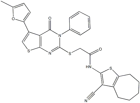 N-(3-cyano-5,6,7,8-tetrahydro-4H-cyclohepta[b]thien-2-yl)-2-{[5-(5-methyl-2-furyl)-4-oxo-3-phenyl-3,4-dihydrothieno[2,3-d]pyrimidin-2-yl]sulfanyl}acetamide 구조식 이미지