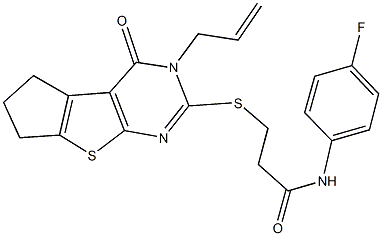 3-[(3-allyl-4-oxo-3,5,6,7-tetrahydro-4H-cyclopenta[4,5]thieno[2,3-d]pyrimidin-2-yl)sulfanyl]-N-(4-fluorophenyl)propanamide 구조식 이미지