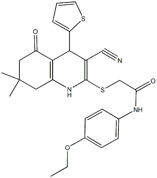 2-{[3-cyano-7,7-dimethyl-5-oxo-4-(2-thienyl)-1,4,5,6,7,8-hexahydro-2-quinolinyl]sulfanyl}-N-(4-ethoxyphenyl)acetamide Structure