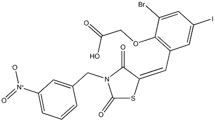 {2-bromo-6-[(3-{3-nitrobenzyl}-2,4-dioxo-1,3-thiazolidin-5-ylidene)methyl]-4-iodophenoxy}acetic acid Structure