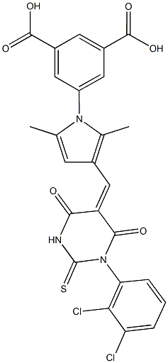 5-{3-[(1-(2,3-dichlorophenyl)-4,6-dioxo-2-thioxotetrahydro-5(2H)-pyrimidinylidene)methyl]-2,5-dimethyl-1H-pyrrol-1-yl}isophthalic acid 구조식 이미지