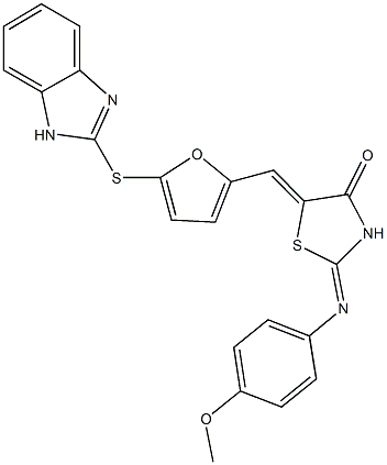 5-{[5-(1H-benzimidazol-2-ylsulfanyl)-2-furyl]methylene}-2-[(4-methoxyphenyl)imino]-1,3-thiazolidin-4-one 구조식 이미지