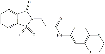 N-(2,3-dihydro-1,4-benzodioxin-6-yl)-3-(1,1-dioxido-3-oxo-1,2-benzisothiazol-2(3H)-yl)propanamide 구조식 이미지