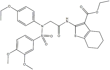 ethyl 2-[({[(3,4-dimethoxyphenyl)sulfonyl]-4-ethoxyanilino}acetyl)amino]-4,5,6,7-tetrahydro-1-benzothiophene-3-carboxylate 구조식 이미지