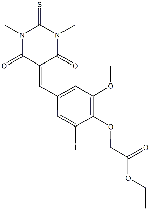 ethyl {4-[(1,3-dimethyl-4,6-dioxo-2-thioxotetrahydro-5(2H)-pyrimidinylidene)methyl]-2-iodo-6-methoxyphenoxy}acetate 구조식 이미지