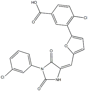 4-chloro-3-(5-{[1-(3-chlorophenyl)-2,5-dioxo-4-imidazolidinylidene]methyl}-2-furyl)benzoic acid Structure