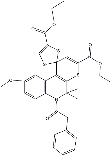 diethyl 5,5-dimethyl-9-methoxy-6-(phenylacetyl)-5,6-dihydrospiro(1H-thiopyrano[2,3-c]quinoline-1,2'-[1,3]-dithiole)-3,4'-dicarboxylate 구조식 이미지