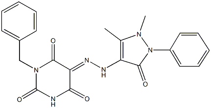 1-benzyl-2,4,5,6(1H,3H)-pyrimidinetetrone 5-[(1,5-dimethyl-3-oxo-2-phenyl-2,3-dihydro-1H-pyrazol-4-yl)hydrazone] 구조식 이미지