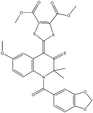 dimethyl 2-(1-(1,3-benzodioxol-5-ylcarbonyl)-6-methoxy-2,2-dimethyl-3-thioxo-2,3-dihydro-4(1H)-quinolinylidene)-1,3-dithiole-4,5-dicarboxylate Structure