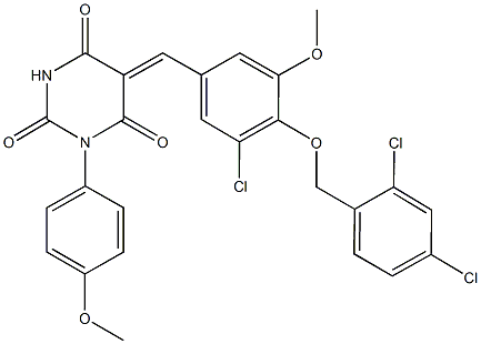 5-{3-chloro-4-[(2,4-dichlorobenzyl)oxy]-5-methoxybenzylidene}-1-(4-methoxyphenyl)-2,4,6(1H,3H,5H)-pyrimidinetrione 구조식 이미지