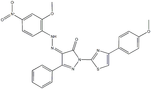 1-[4-(4-methoxyphenyl)-1,3-thiazol-2-yl]-3-phenyl-1H-pyrazole-4,5-dione 4-({4-nitro-2-methoxyphenyl}hydrazone) 구조식 이미지