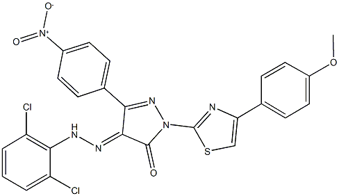 3-{4-nitrophenyl}-1-[4-(4-methoxyphenyl)-1,3-thiazol-2-yl]-1H-pyrazole-4,5-dione 4-[(2,6-dichlorophenyl)hydrazone] 구조식 이미지