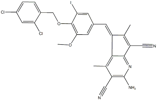2-amino-5-{4-[(2,4-dichlorobenzyl)oxy]-3-iodo-5-methoxybenzylidene}-4,6-dimethyl-5H-cyclopenta[b]pyridine-3,7-dicarbonitrile 구조식 이미지