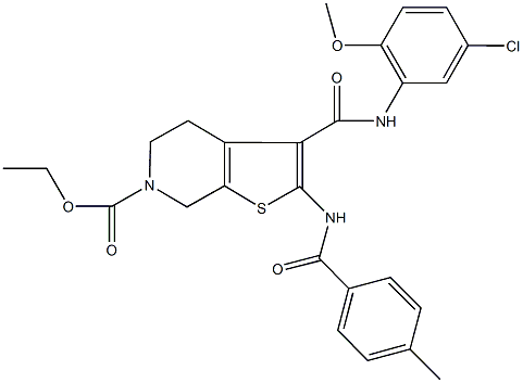 ethyl3-[(5-chloro-2-methoxyanilino)carbonyl]-2-[(4-methylbenzoyl)amino]-4,7-dihydrothieno[2,3-c]pyridine-6(5H)-carboxylate Structure