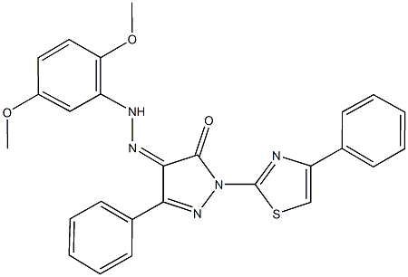 3-phenyl-1-(4-phenyl-1,3-thiazol-2-yl)-1H-pyrazole-4,5-dione 4-[(2,5-dimethoxyphenyl)hydrazone] 구조식 이미지