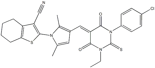 2-{3-[(1-(4-chlorophenyl)-3-ethyl-4,6-dioxo-2-thioxotetrahydro-5(2H)-pyrimidinylidene)methyl]-2,5-dimethyl-1H-pyrrol-1-yl}-4,5,6,7-tetrahydro-1-benzothiophene-3-carbonitrile 구조식 이미지