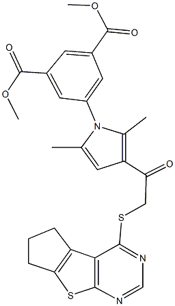 dimethyl 5-{3-[(6,7-dihydro-5H-cyclopenta[4,5]thieno[2,3-d]pyrimidin-4-ylsulfanyl)acetyl]-2,5-dimethyl-1H-pyrrol-1-yl}isophthalate 구조식 이미지
