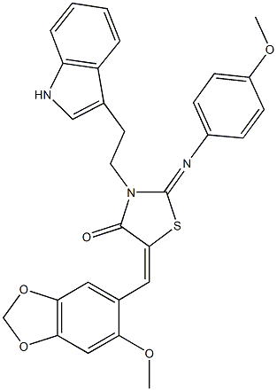 3-[2-(1H-indol-3-yl)ethyl]-5-[(6-methoxy-1,3-benzodioxol-5-yl)methylene]-2-[(4-methoxyphenyl)imino]-1,3-thiazolidin-4-one 구조식 이미지