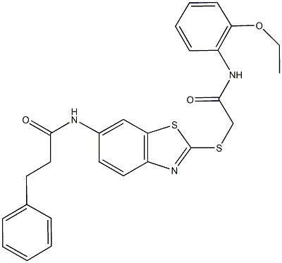 N-(2-{[2-(2-ethoxyanilino)-2-oxoethyl]sulfanyl}-1,3-benzothiazol-6-yl)-3-phenylpropanamide 구조식 이미지