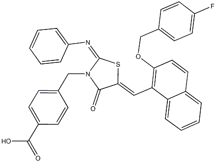 4-{[5-({2-[(4-fluorobenzyl)oxy]-1-naphthyl}methylene)-4-oxo-2-(phenylimino)-1,3-thiazolidin-3-yl]methyl}benzoic acid 구조식 이미지