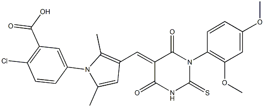 2-chloro-5-{3-[(1-(2,4-dimethoxyphenyl)-4,6-dioxo-2-thioxotetrahydro-5(2H)-pyrimidinylidene)methyl]-2,5-dimethyl-1H-pyrrol-1-yl}benzoic acid 구조식 이미지