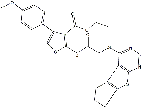 ethyl 2-{[(6,7-dihydro-5H-cyclopenta[4,5]thieno[2,3-d]pyrimidin-4-ylsulfanyl)acetyl]amino}-4-(4-methoxyphenyl)-3-thiophenecarboxylate 구조식 이미지