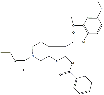 ethyl 2-(benzoylamino)-3-[(2,4-dimethoxyanilino)carbonyl]-4,7-dihydrothieno[2,3-c]pyridine-6(5H)-carboxylate 구조식 이미지