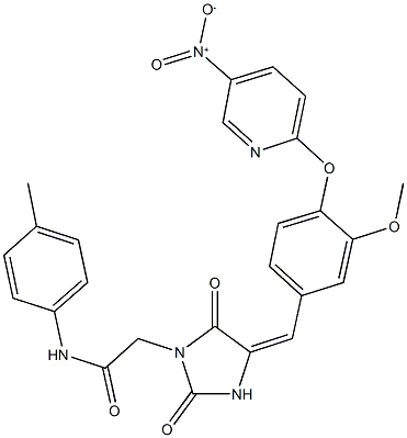 2-{4-[4-({5-nitro-2-pyridinyl}oxy)-3-methoxybenzylidene]-2,5-dioxo-1-imidazolidinyl}-N-(4-methylphenyl)acetamide 구조식 이미지