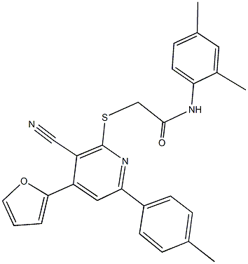 2-{[3-cyano-4-(2-furyl)-6-(4-methylphenyl)pyridin-2-yl]sulfanyl}-N-(2,4-dimethylphenyl)acetamide Structure