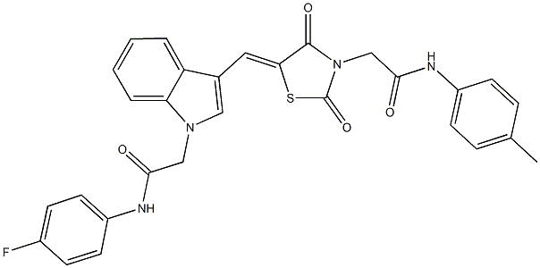 2-[3-({2,4-dioxo-3-[2-oxo-2-(4-toluidino)ethyl]-1,3-thiazolidin-5-ylidene}methyl)-1H-indol-1-yl]-N-(4-fluorophenyl)acetamide 구조식 이미지