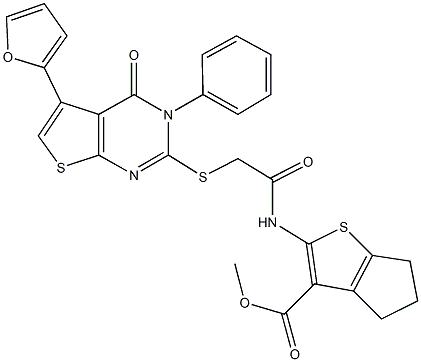 methyl 2-[({[5-(2-furyl)-4-oxo-3-phenyl-3,4-dihydrothieno[2,3-d]pyrimidin-2-yl]sulfanyl}acetyl)amino]-5,6-dihydro-4H-cyclopenta[b]thiophene-3-carboxylate 구조식 이미지