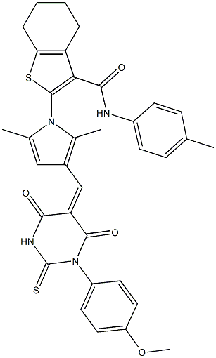 2-{3-[(1-(4-methoxyphenyl)-4,6-dioxo-2-thioxotetrahydro-5(2H)-pyrimidinylidene)methyl]-2,5-dimethyl-1H-pyrrol-1-yl}-N-(4-methylphenyl)-4,5,6,7-tetrahydro-1-benzothiophene-3-carboxamide 구조식 이미지