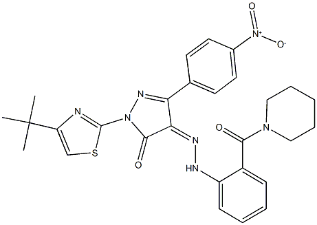 1-(4-tert-butyl-1,3-thiazol-2-yl)-3-{4-nitrophenyl}-1H-pyrazole-4,5-dione 4-{[2-(1-piperidinylcarbonyl)phenyl]hydrazone} 구조식 이미지