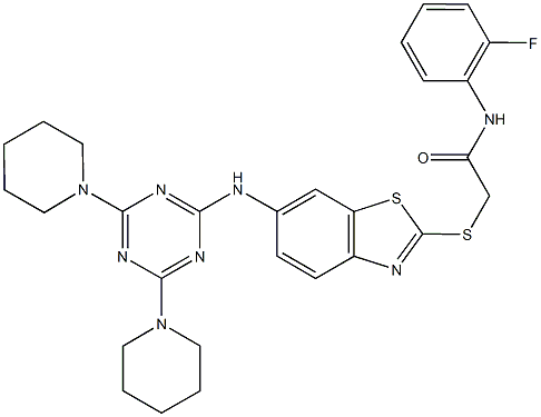 2-[(6-{[4,6-di(1-piperidinyl)-1,3,5-triazin-2-yl]amino}-1,3-benzothiazol-2-yl)sulfanyl]-N-(2-fluorophenyl)acetamide Structure