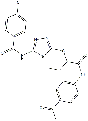 N-[5-({1-[(4-acetylanilino)carbonyl]propyl}sulfanyl)-1,3,4-thiadiazol-2-yl]-4-chlorobenzamide 구조식 이미지