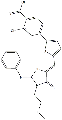 2-chloro-4-(5-{[3-(2-methoxyethyl)-4-oxo-2-(phenylimino)-1,3-thiazolidin-5-ylidene]methyl}-2-furyl)benzoic acid 구조식 이미지