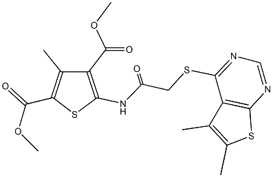 dimethyl 5-({[(5,6-dimethylthieno[2,3-d]pyrimidin-4-yl)sulfanyl]acetyl}amino)-3-methyl-2,4-thiophenedicarboxylate Structure